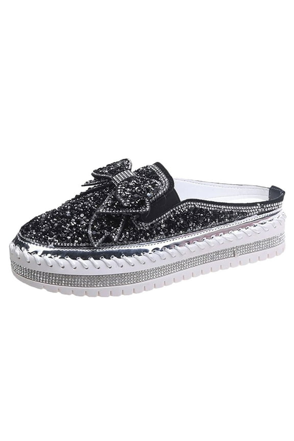 Women's Pearl Rhinestone Bow Mules, Glitter Square Toe Slip on Flat Ladies Sparkly Baotou Clogs Slippers Thick Soled Women's New Spring And Summer Bow Knot Diamond Sequins Mule Slippers