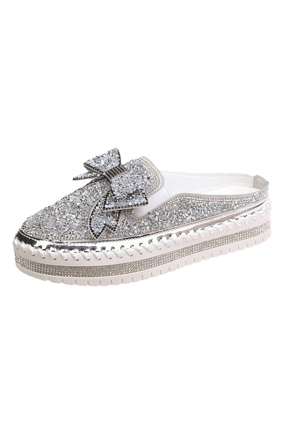 Women's Pearl Rhinestone Bow Mules, Glitter Square Toe Slip on Flat Ladies Sparkly Baotou Clogs Slippers Thick Soled Women's New Spring And Summer Bow Knot Diamond Sequins Mule Slippers