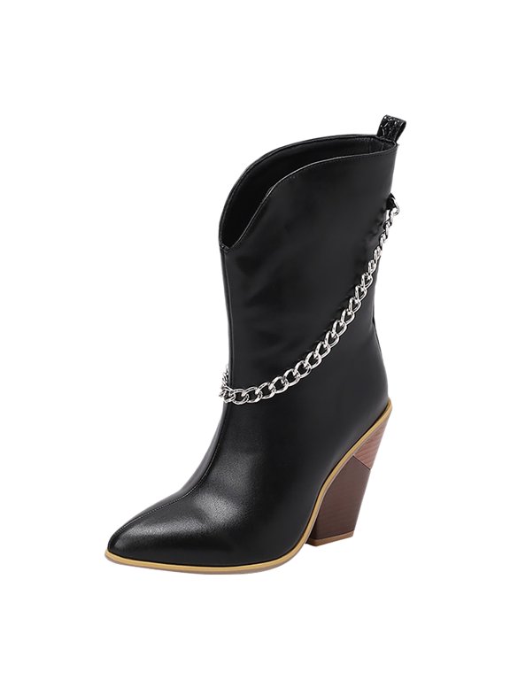 Women's Pointed Toe Chun𝗄𝗒 B𝗈𝗈𝑡𝑠 Western B𝗈𝗈𝑡𝑠 Fashion Chain Ladies Shoes Cowboy Booties Fashion Mid Calf Shoes Comfortable Pull On Booties for Outdoor