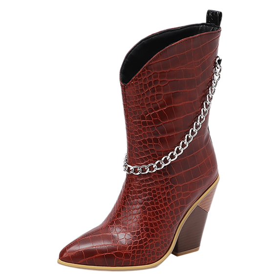 NOKIO Women's Pointed Toe Chunππ Bπππ‘π Western Bπππ‘π Fashion Chain Ladies Shoes Cowboy Booties Fashion Mid Calf Shoes Comfortable Pull On Booties for Outdoor