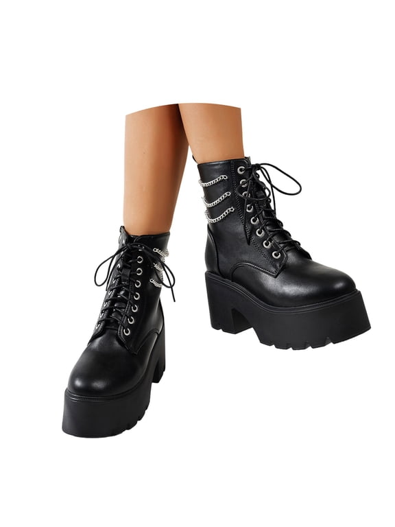 Women's Punk Booties Platform Ankle B๐๐๐ก๐ Fashion ๐ซa๐ผe Up Chain Booties Round Toe B๐๐๐ก๐ for Women Goth Short Booties with Non-S๐
ip Sole for Outdoor Activities