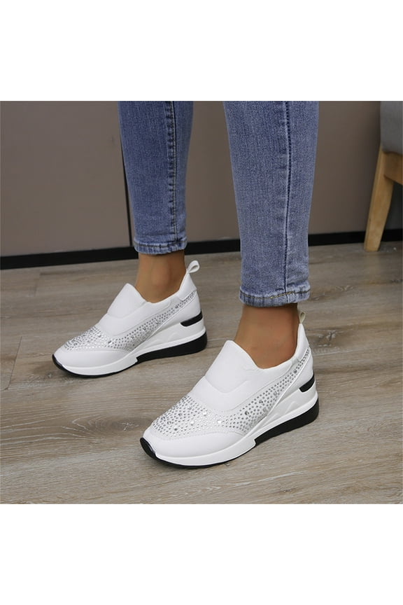 Women's Rhinestone Mesh Slip On Walking Shoes Fashion Breathable Spakle Glitter Sneaker Ladies Fashion Rhinestone Leather Cloth Patched Thick Sole Wedges Heel Casual Sports Shoes