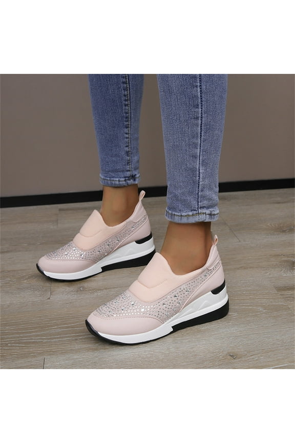 Women's Rhinestone Mesh Slip On Walking Shoes Fashion Breathable Spakle Glitter Sneaker Ladies Fashion Rhinestone Leather Cloth Patched Thick Sole Wedges Heel Casual Sports Shoes