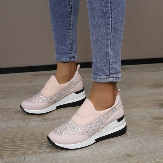 NOKIO Women's Rhinestone Mesh Slip On Walking Shoes Fashion Breathable Spakle Glitter Sneaker Ladies Fashion Rhinestone Leather Cloth Patched Thick Sole Wedges Heel Casual Sports Shoes