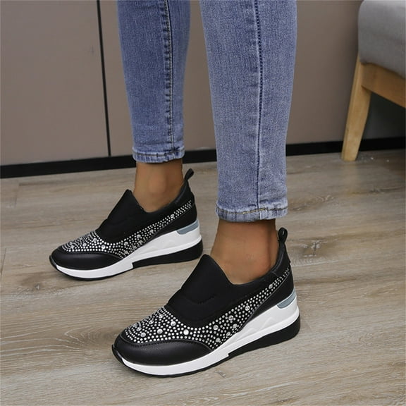 NOKIO Women's Rhinestone Mesh Slip On Walking Shoes Fashion Breathable Spakle Glitter Sneaker Ladies Fashion Rhinestone Leather Cloth Patched Thick Sole Wedges Heel Casual Sports Shoes