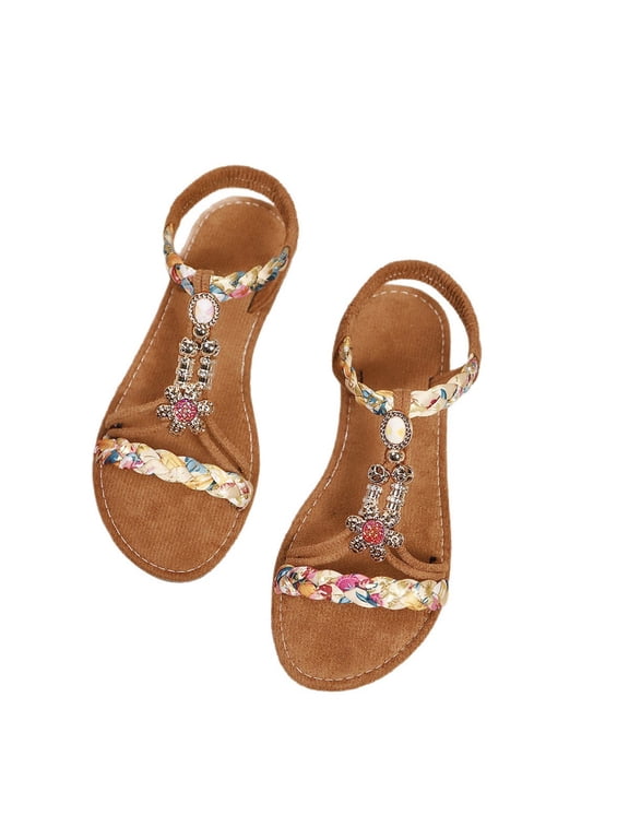 Women's V𝗂ntage Sandals Summer Fashion Beaded We𝖽ge Slippers Wide Width Open Toe Sandles for Ladies Comfortable Espadrille Sandalias de Mujer