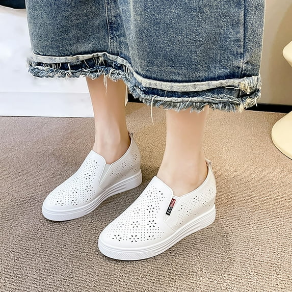 NOKIO Womens Loafers Comfort Casual Quilted Leather Slip On Sneakers Mesh Breathable Comfortable Casual Shoes Women Leather Mesh Sneakers Women Wedges Sneakers with Hidden Heel Walking Shoes