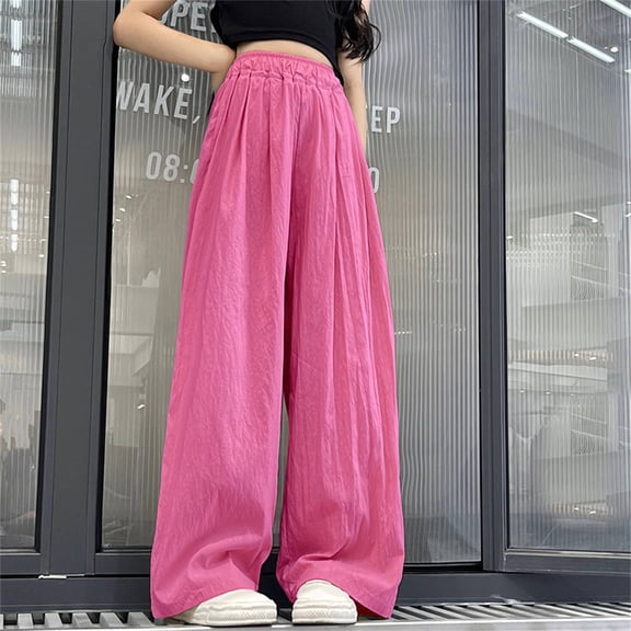 NOKIO Youth Girls Wide Leg Pants Flowy Loose Fit Palazzo Pants for Girls Kids Linen Trousers Casual Beach Summer Fall Loose Pleated Elastic Waist Loose Palazzo Knit Straight Trousers 5-16Y