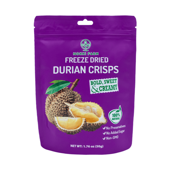 NOKKI FARM Freeze Dried Durian Crisps - Healthy & Exotic Tropical Superfood Snacks, No Added Sugar or Preservatives, Kid-Approved, Shelf-Stable & Portable for On-The-Go Snacking, 1.76oz