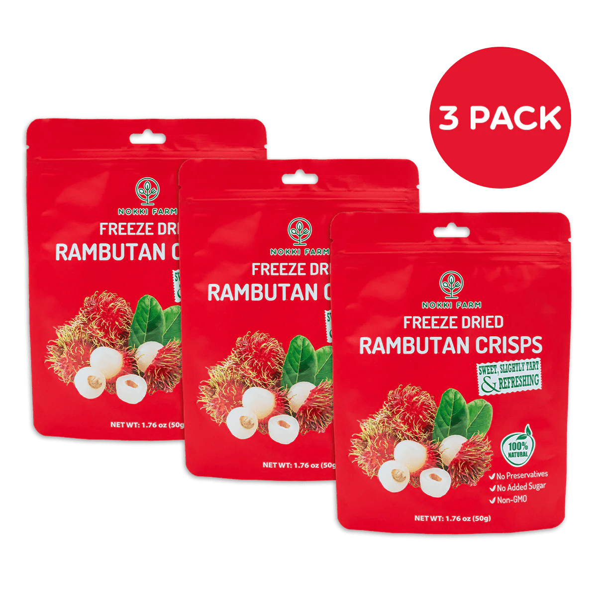 NOKKI FARM Freeze Dried Rambutan Crisps - Healthy & Exotic Tropical Superfood Snacks, No Added Sugar or Preservatives, Kid-Approved, Shelf-Stable & Portable for On-The-Go Snacking, 1.76oz (Pack of 3)