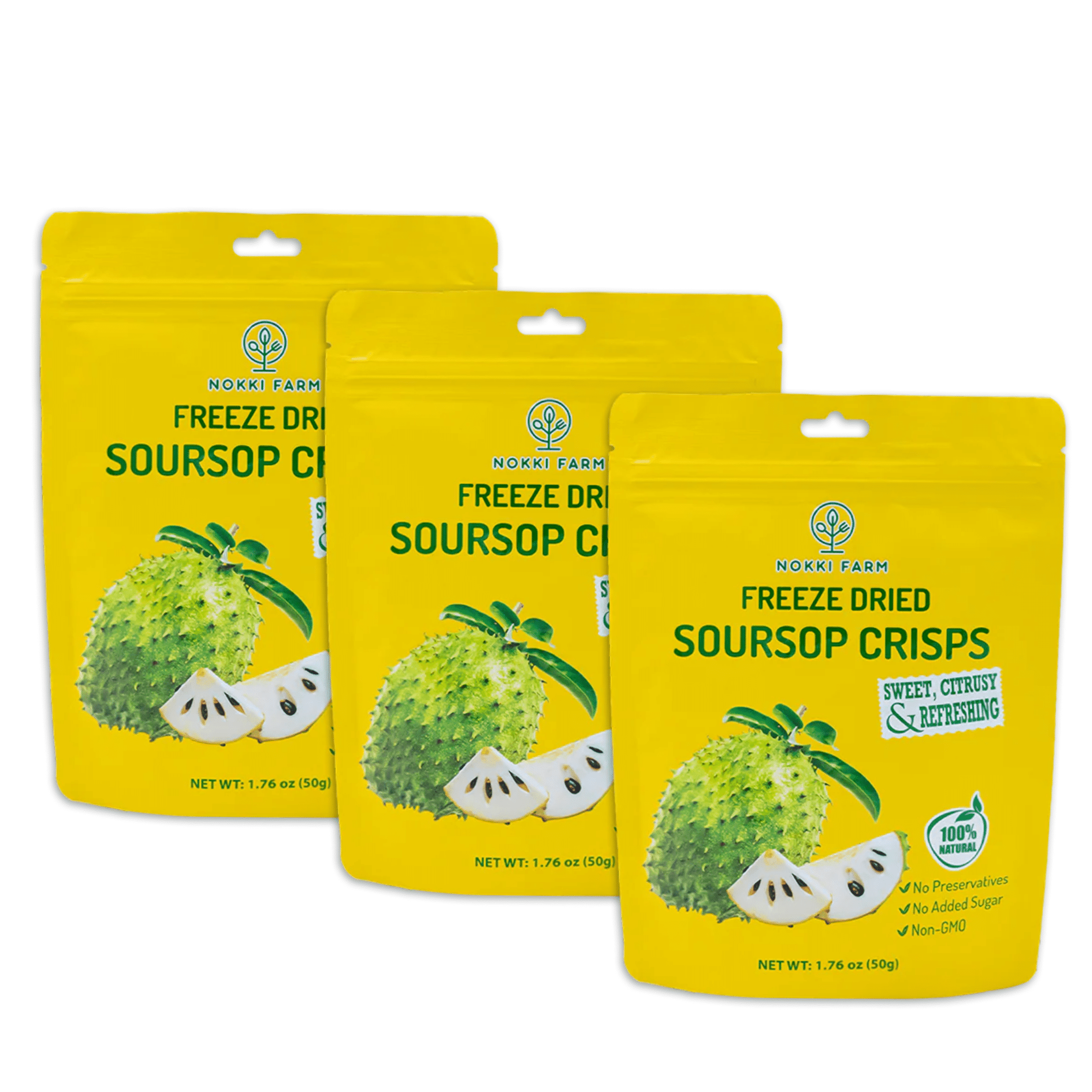 NOKKI FARM Freeze Dried Soursop Crisps - Healthy & Exotic Tropical Superfood Snacks, No Added Sugar or Preservatives, Kid-Approved, Shelf-Stable & Portable for On-The-Go Snacking, 1.76oz x 3 packs