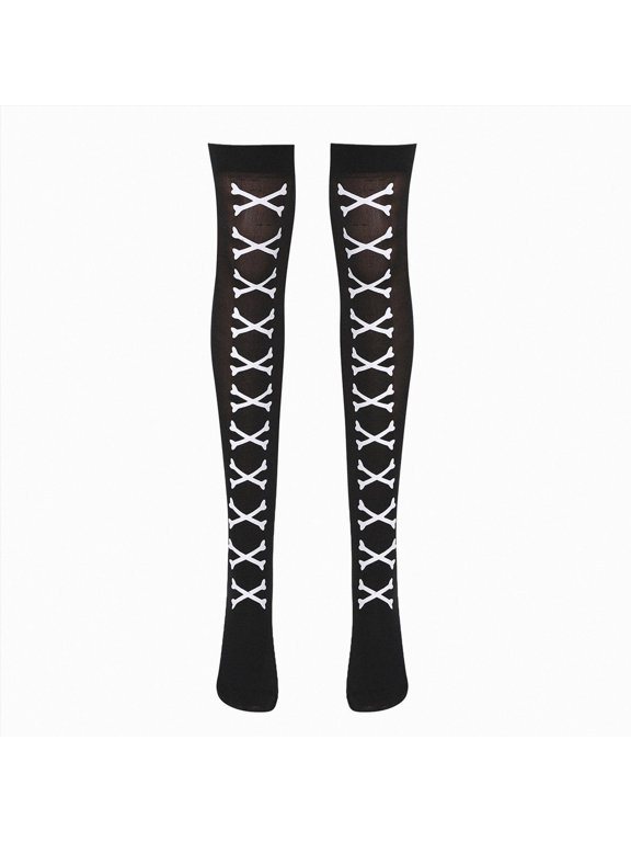 1 Pairs Thigh High Stockings for Women Gothic Spooky Socks over Knee Long Socks for Halloween Cosplay(Z211-White)
