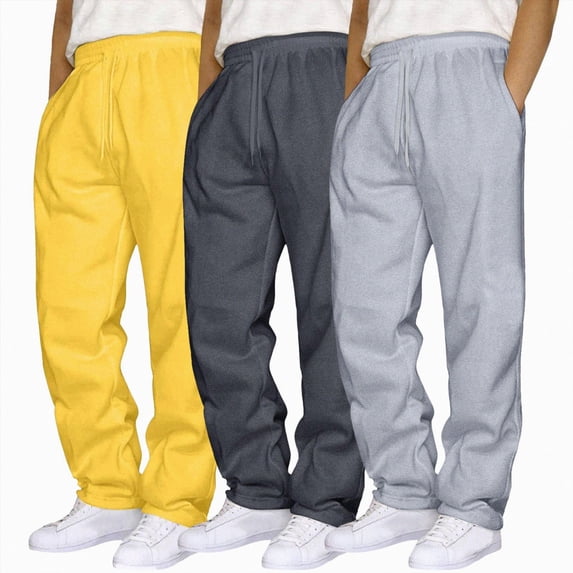 NOLDARES 3 Pack Men's Lightweight Sweatpants Fall Winter Wide Leg Drawstring Open Bottom Pants Gym Baggy Lounge Joggers with Pockets,Yellow,XL