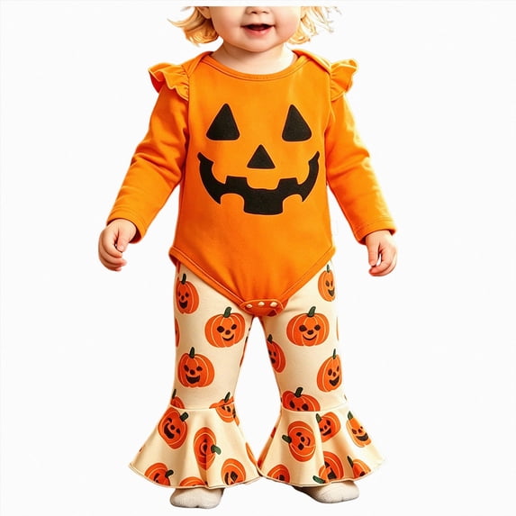 NOLDARES 3 Piece Newborn Baby Girl Clothes Ruffle Romper Pants Headband Set Long Sleeve Fall Winter Outfits,Orange,0-3 M