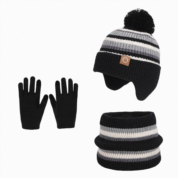 NOLDARES 3 Pieces Kids Winter Hat Glove Scarf Sets Thick Fleece Knitted Beanie Warmer Gaiter for Boys and Girls(M022-Black)