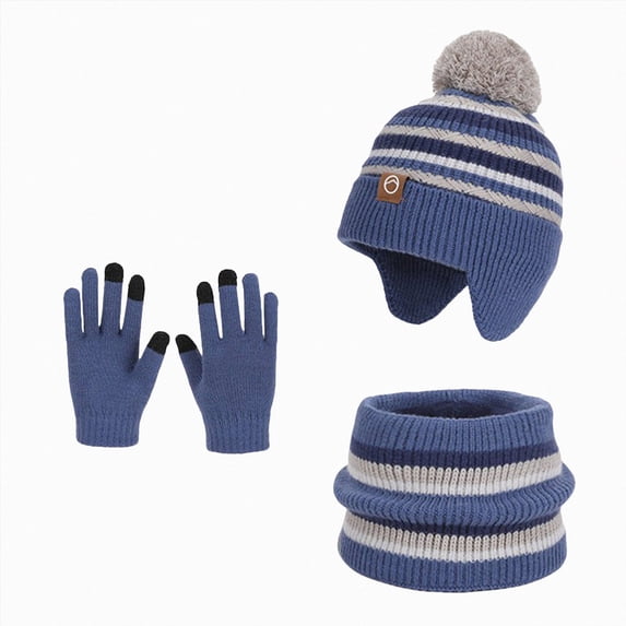 NOLDARES 3 Pieces Kids Winter Hat Glove Scarf Sets Thick Fleece Knitted Beanie Warmer Gaiter for Boys and Girls(M022-Blue)