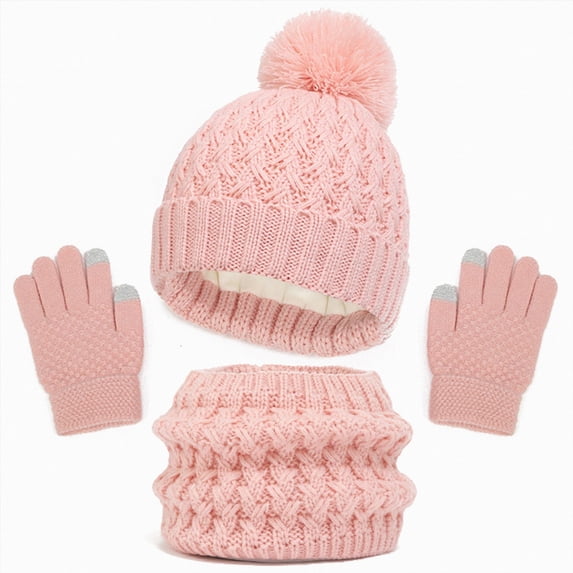 NOLDARES 3Pcs Kids Hat Scarf and Snow Gloves Set, Winter Knit Warm Soft Pom-Pom Beanie Outdoor for Boys Girls and Toddlers(M003-Pink)