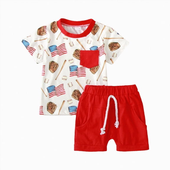 NOLDARES 4th of July Baby Toddler Boy Outfit Stars and Stripes Short Sleeve Tee and Comfy Shorts with 2 Pockets 2-Piece Set Elastic Waist(Red,12-18 M)