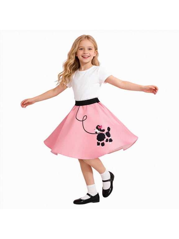50s Costumes for Girls 50s Poodle Dress with Polka-Dot Printed Scarf for Kids Halloween Costume(Pink,3-6 Years)