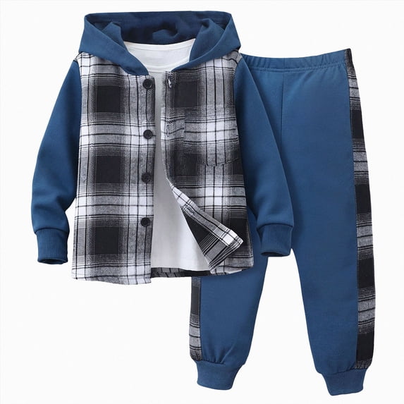 NOLDARES 7 Y 2Pcs Boys Clothes Sweatsuit Set Hoodie Flannel Plaid Shirt and Jogger Pants for Kids Fall Winter Spring Outfits