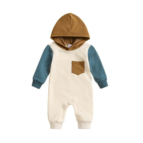 NOLDARES Baby Boy Clothes Color Block Long Sleeve Hooded Romper Fall Winter One Piece Outfits(Light Blue,18-24 Months)