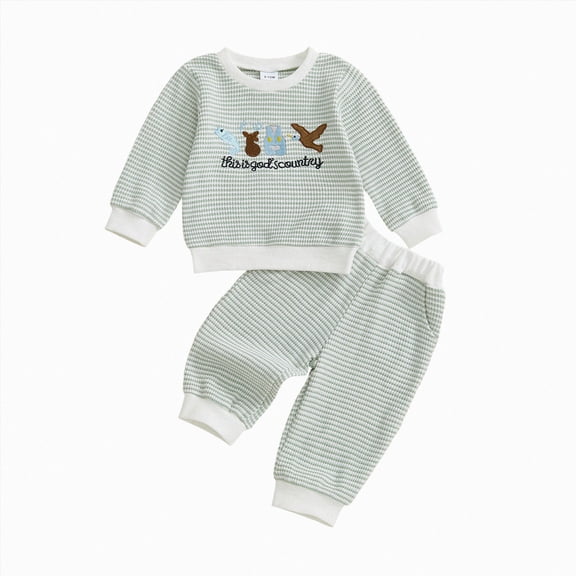 NOLDARES Baby Boy Outfits 2pcs Long Sleeve Crewneck Tee Sweatshirt Tops Elastic Waist Joggers Pants Graphic Print Clothes Toddler Clothing Set(Light Green,6-12 M)