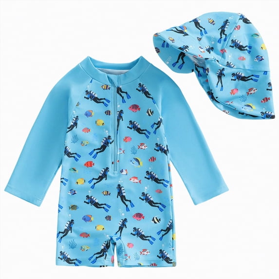 NOLDARES Baby Boy Swimsuit Sun Protection Rash Guard Swimwear with Swim Cap for Kids(Blue,12-18 Months)