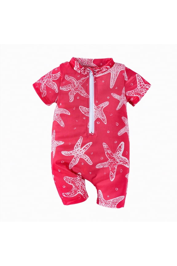 Baby Boy Swimsuit Zip Front Long Sleeve/Short Sleeve Snaps Bottom One Piece Rash Guard(Red,6-12 Months)