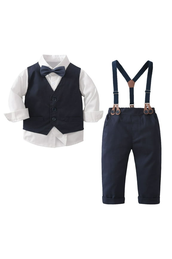 Baby Boys Summer Suits Short Sleeve Wedding Ring Bearer Outfits 3Pcs Graduation Dress Vest Shirt Bowtie Shorts Set(Blue,18-24 Months)