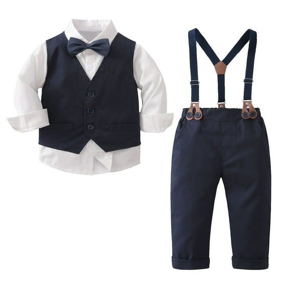 NOLDARES Baby Boys Summer Suits Short Sleeve Wedding Ring Bearer Outfits 3Pcs Graduation Dress Vest Shirt Bowtie Shorts Set(Blue,4-5 Years)