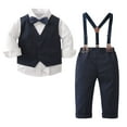 thumbnail image 1 of NOLDARES Baby Boys Summer Suits Short Sleeve Wedding Ring Bearer Outfits 3Pcs Graduation Dress Vest Shirt Bowtie Shorts Set(Blue,6-12 Months), 1 of 7