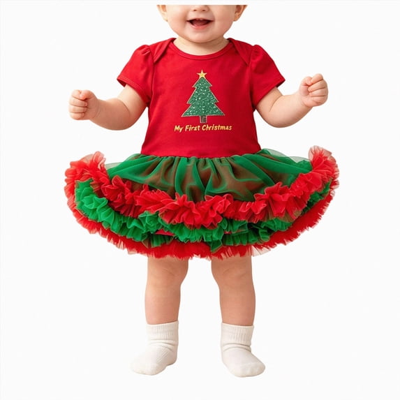 NOLDARES Baby Girl Christmas Dress Xmas Tree Romper Pompom Star Tutu Dresses Bow Newborn Clothes,Size 6-12 Months