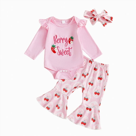 NOLDARES Baby Girl Clothes Newborn Infant Outfits Cute Fall Winter 3PC Clothes Spring Romper Set+Hat+Headband(Pink,6-12 M)