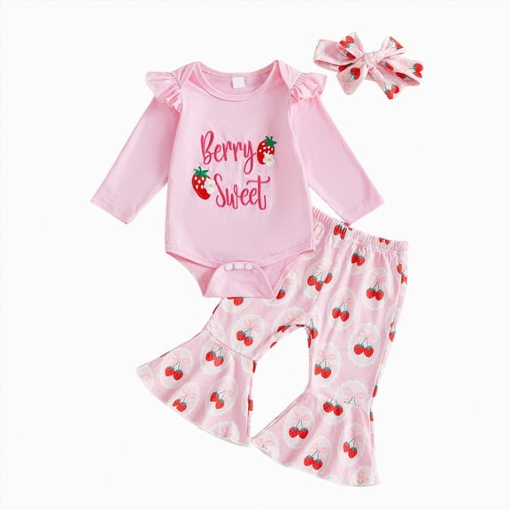 NOLDARES Baby Girl Clothes Newborn Infant Outfits Cute Fall Winter 3PC Clothes Spring Romper Set Hat Headband(Pink,6-12 M)
