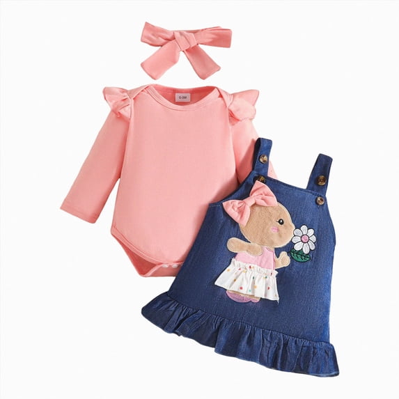 NOLDARES Baby Girl Clothes Winter Outfit Long Sleeve Romper Newborn Fall Suspender Skirt Set with Headband(Pink,12-18 M)