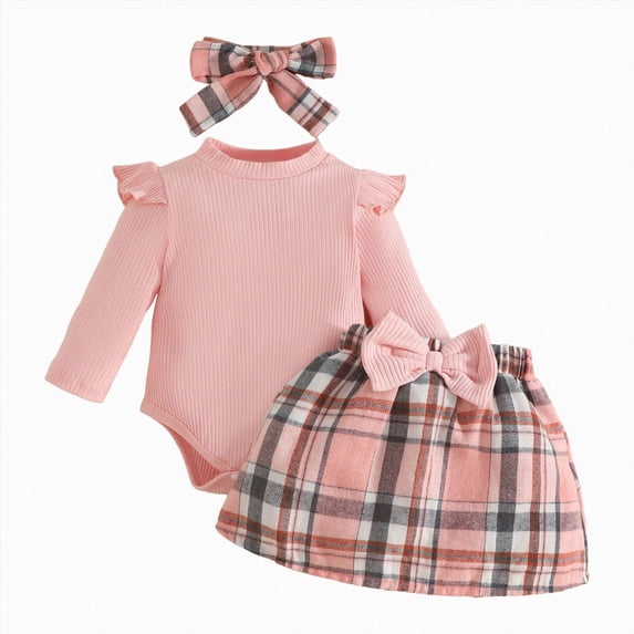 NOLDARES Baby Girl Fall Winter Clothes Ribbed Long Sleeve Ruffle Romper Pleated Skirt Headband 3Pcs Outfit Set(Red,6-12 M)