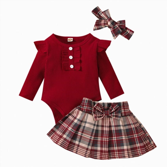 NOLDARES Baby Girl Fall Winter Outfit Romper Long Sleeve Bodysuit Skirt Sets 3Pcs Clothes(Wine,0-3 M)