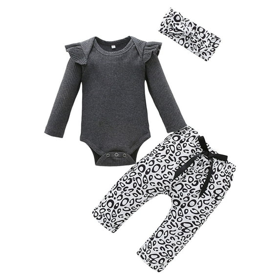 NOLDARES Baby Girl Hunting Clothes Deer Long Sleeve Romper Jungle Flare Pants Set 3 Piece Fall Winter Outfit,Grey,3-6 Months