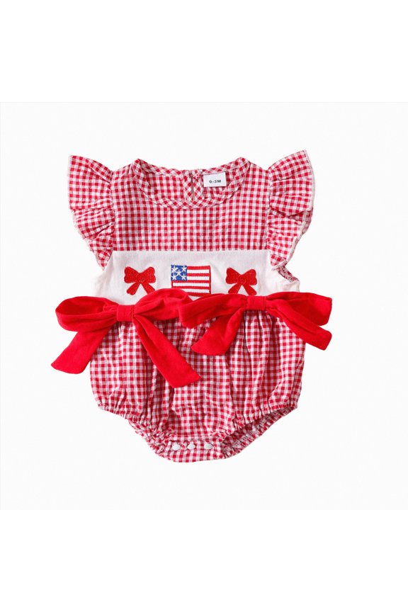 Baby Girl Infant Independence Day Short Sleeve Bow Top T-shirt Cotton grid Bodysuit Top(B1-Red,3-6 Months)
