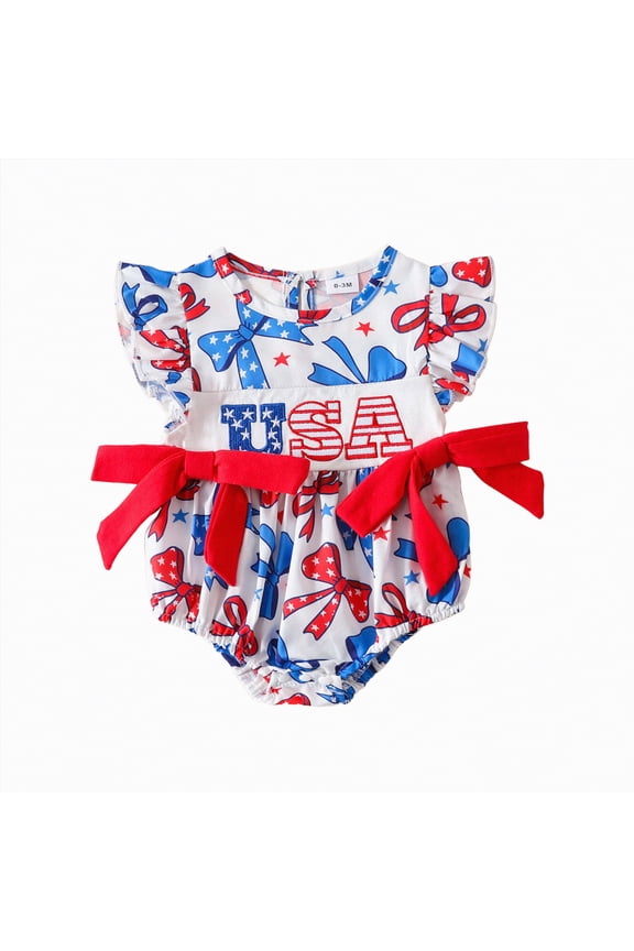 Baby Girl Infant Independence Day Short Sleeve Bow Top T-shirt Cotton grid Bodysuit Top(B1-White,0-3 Months)
