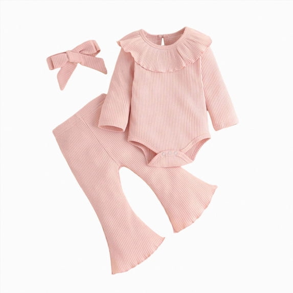 NOLDARES Baby Girl Newborn Clothes 3Pcs Set Long Sleeve Romper Flared Pants Headband Fall Winter Cute Outfits,Pink,6-9 M