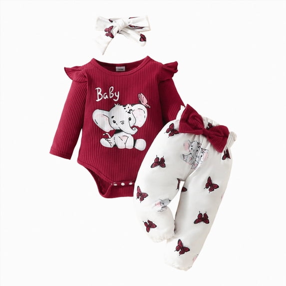 NOLDARES Baby Girl Newborn Clothes Includes 3 Pieces Frill Romper Pants Headband Long Sleeve Fall Winter Outfits,Wine,9-12 M