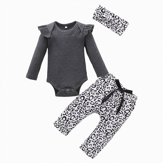 NOLDARES Baby Girl Newborn Clothes Ruffle Romper Bodysuit Flare Pants Headband Set 3Pcs Fall Winter Infant Outfits,Grey,0-3 M