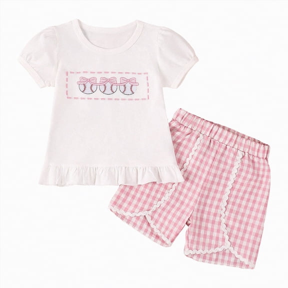 NOLDARES Baby Girl Outfits Letter Print Short Sleeve Baby Girl Tops and Toddler Shorts 2 Pcs Girls Summer Clothes(Light Pink,18-24 Months)