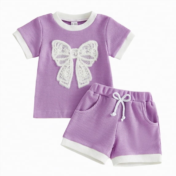 NOLDARES Baby Girl Summer Clothes Short Sleeve T-Shirt Tops Pockets Shorts Set Toddler Knit Outfit(Purple,0-6 Months)