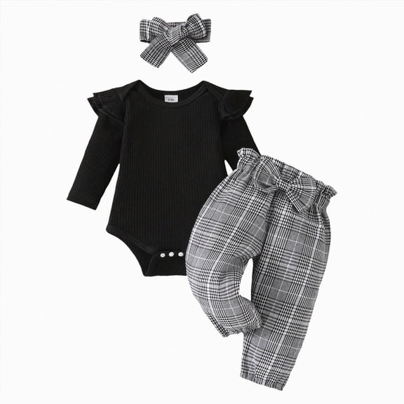 NOLDARES Baby Girls Fall Winter Clothes Newborn Infant Baby Girls Outfit Long Sleeve Ruffle Romper Pants Headband Sets 3Pc 0-24 Months(Black,9-12 M)
