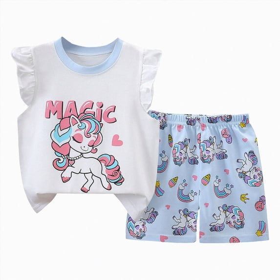 NOLDARES Baby Toddler Girl Two Piece Outfits Clothes Sleeveless Tank Shirt and Pullover Tee with Elastic Shorts Set(Blue,3-4 Y)