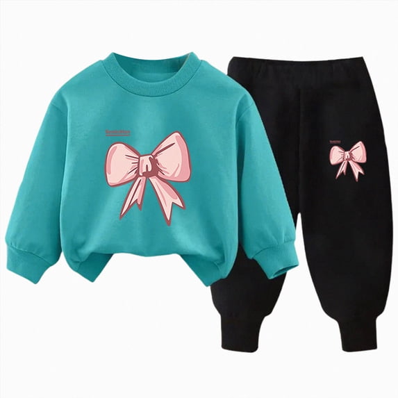 NOLDARES Baby Toddler Kids Girls 2pcs Clothes Set Long Sleeve Crewneck Sweatshirt and Elastic Waist Pants Print Fall Winter Outfits Clothing(Mint Green,7-8 Y)