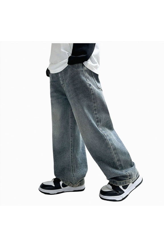 Baggy Jeans for Teen Boys Youth Wide Leg Cargo Denim Pants Kids Oversized Husky Jeans Streetwear Preppy Clothes with Pockets,Blue,8-9 Y