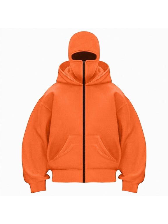 Balaclava Women Zip Hoodie With Face Mask Winter Warm Casual Hoodies Double Layer Hooded Y2K Sports Jacket(T148-Orange,M)